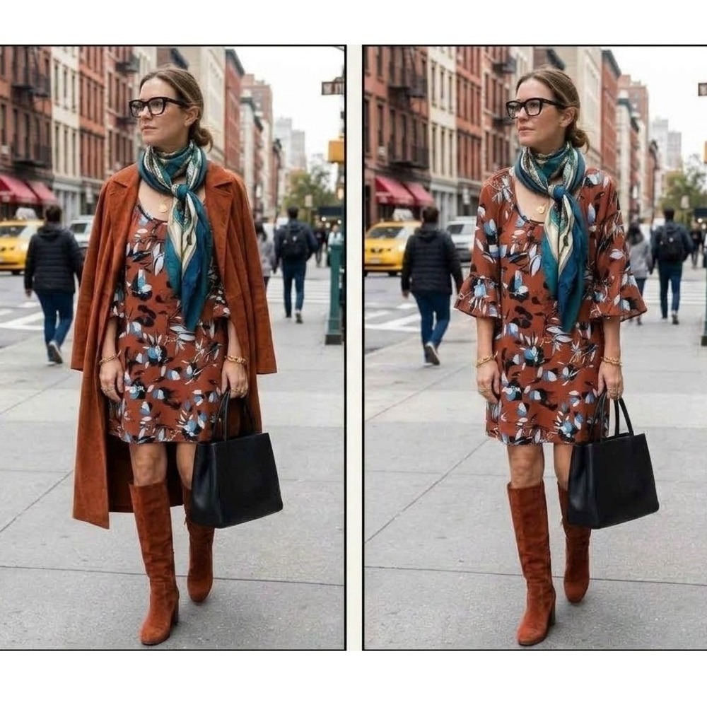 Scoop Neck Floral Mini Dress M Bell Sleeves Boho City Chic Fall Office Retro Y2K